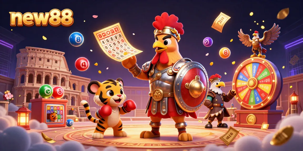 Experience the excitement at new88 with a vibrant casino scene featuring animated characters and games.