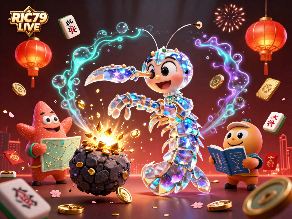 Experience the thrilling world of RIC79 LIVE with this dynamic 3D casino scene featuring vibrant gaming elements.
