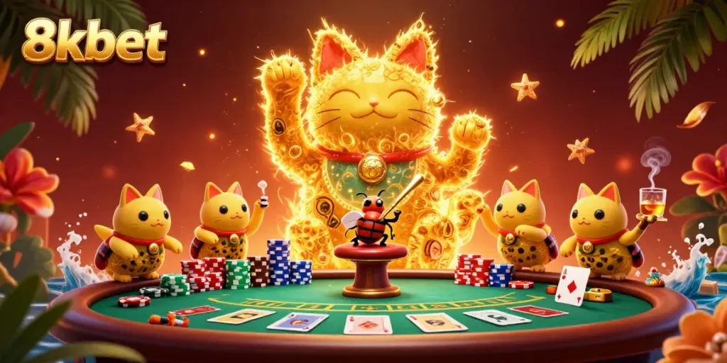 Experience the thrill of 8xbet with a vibrant 3D illustration depicting casino excitement, symbols, and a lucky cat.