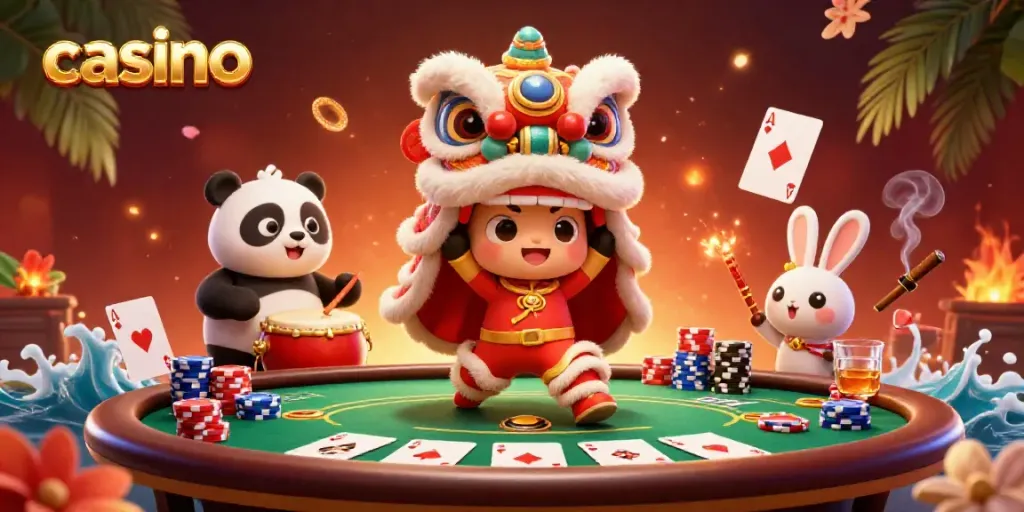 Experience vibrant casino energy with lion dance and poker elements in this dynamic illustration.