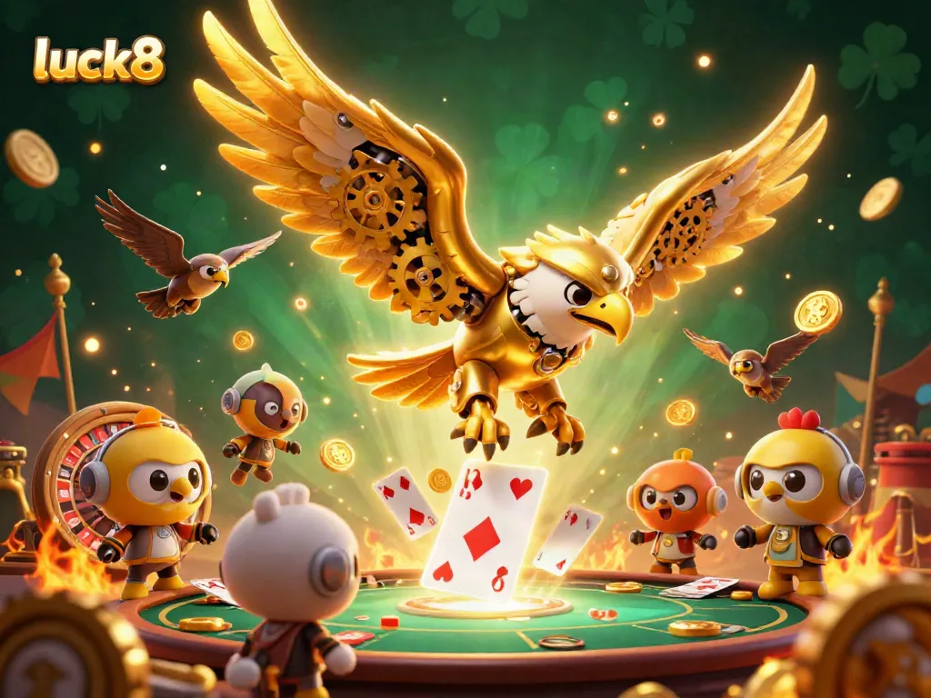 Engage in thrilling gameplay with luck8's cybernetic eagle exploring a dynamic casino world.