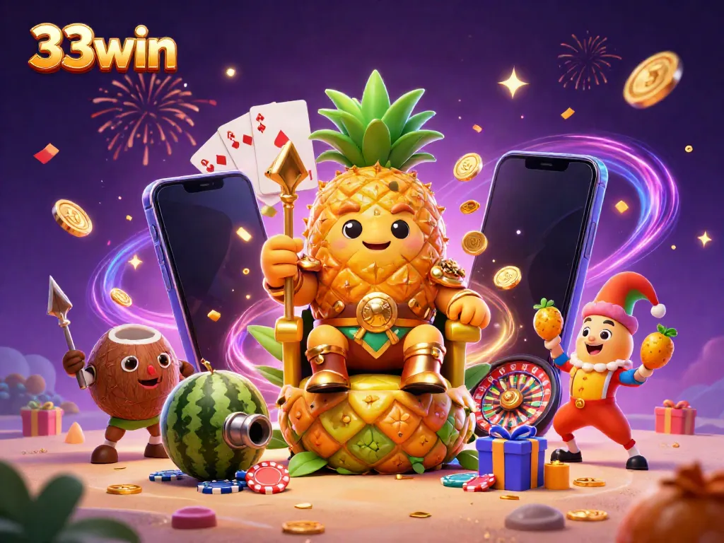 Experience the winning excitement of 33win with this vibrant casino scene featuring a golden pineapple king.