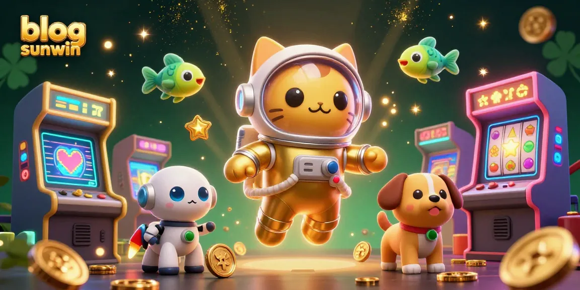 Experience the excitement of blog sunwin with a vibrant 3D casino illustration featuring cats and arcade elements.