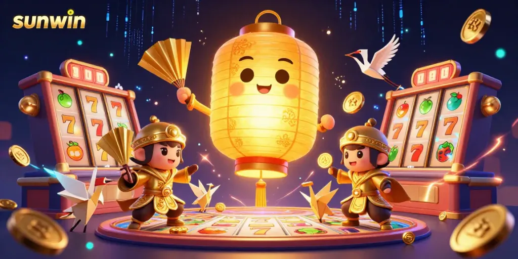 Experience thrilling gameplay with sunwin's animated characters among slot reels and golden trophies.