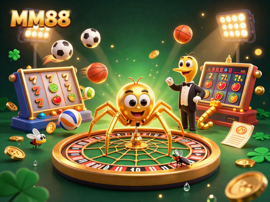 Engage with MM88's vibrant slots scene featuring animated characters and gold elements.