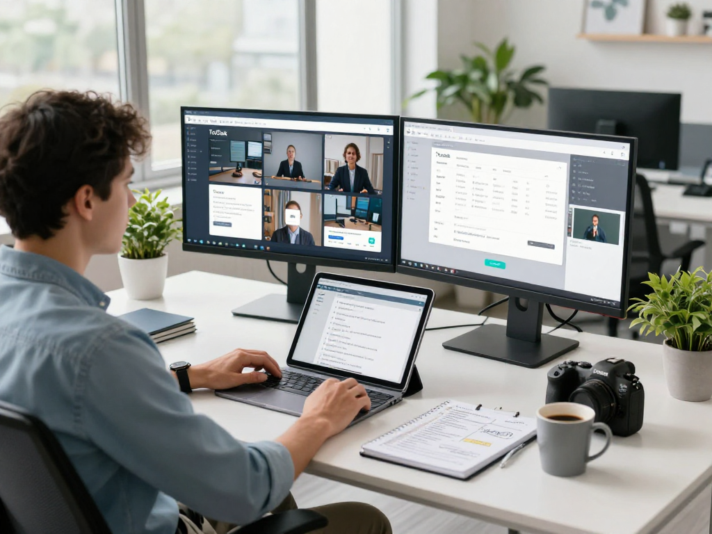 Efficient IT workspace featuring ToDesk remote desktop software interface on dual monitors, promoting productivity and innovation