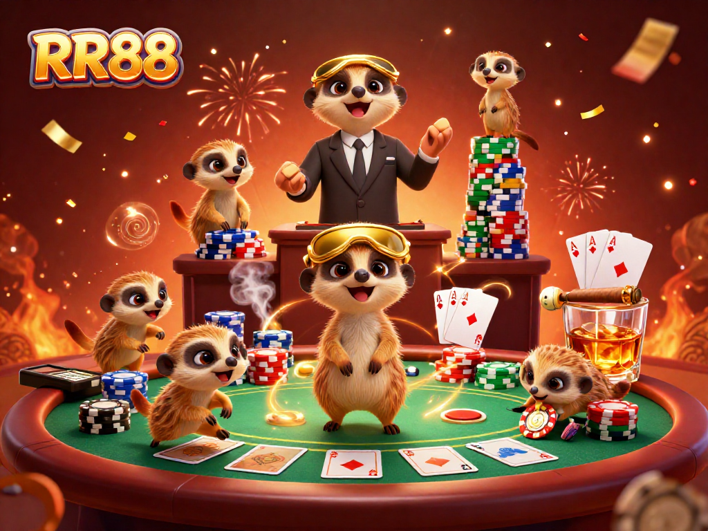 RR88 meerkats managing a lively casino scene with poker games and vibrant decorations