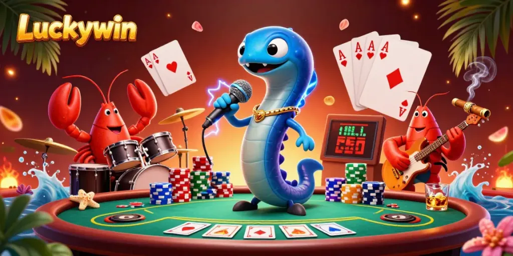 Luckywin showcases an electrifying underwater casino scene with a DJ electric eel and lively musicians.