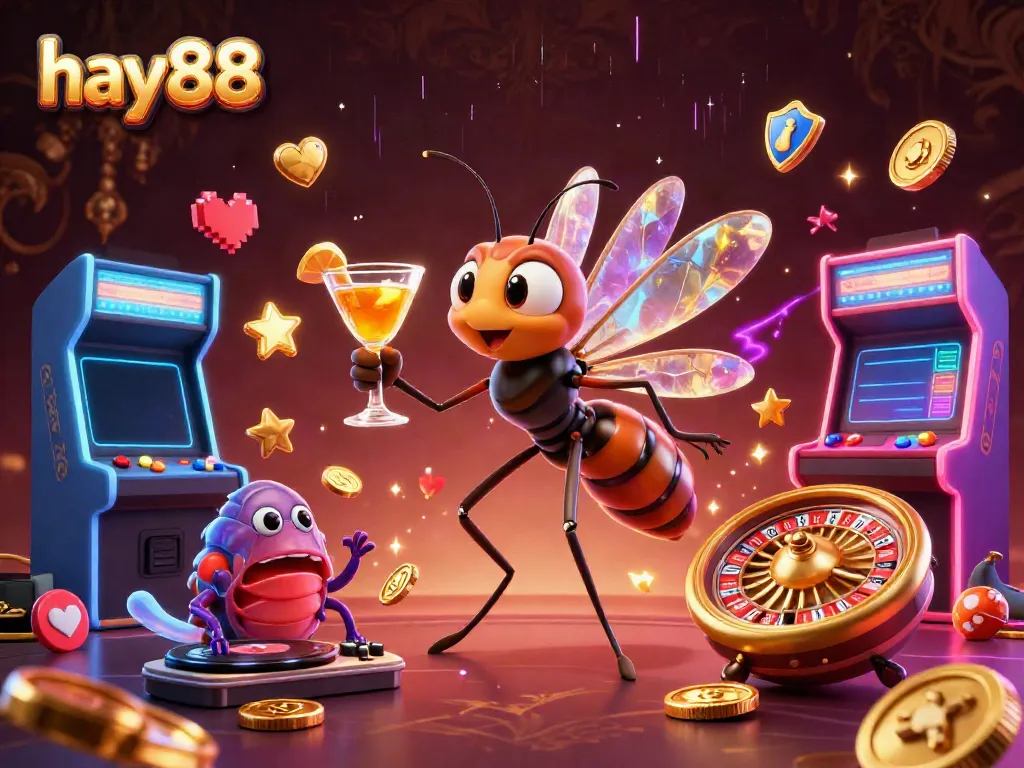 Engage with hay88 casino magic featuring a vibrant 3D scene of a lively mosquito mascot and trilobite DJ.