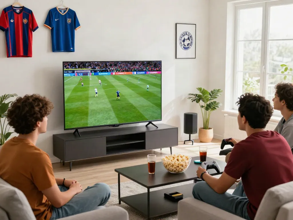 Friends enjoying live football match on Thapcamtv in a modern living room.