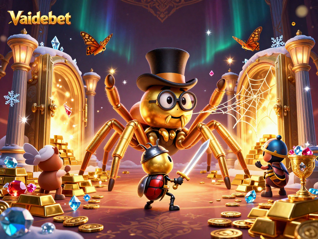 Vaidebet brings excitement alive with a golden tarantula and brave beetle knight in a dazzling casino scene.