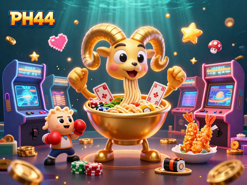 PH44's vibrant 3D casino scene features a giant ramen bowl character stacking poker chips amidst gaming machines.