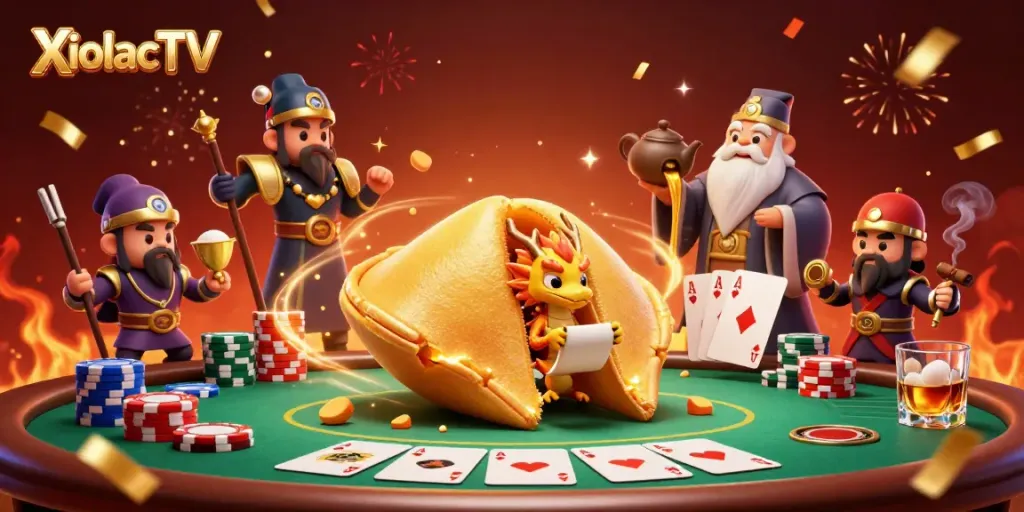 XoilacTV offers thrilling poker experiences with shiny golden symbols and a magical dragon guiding players.