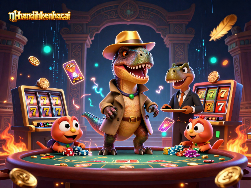Engage with nhandinhkeonhacai at the blackjack table, featuring a clever velociraptor and energetic characters.