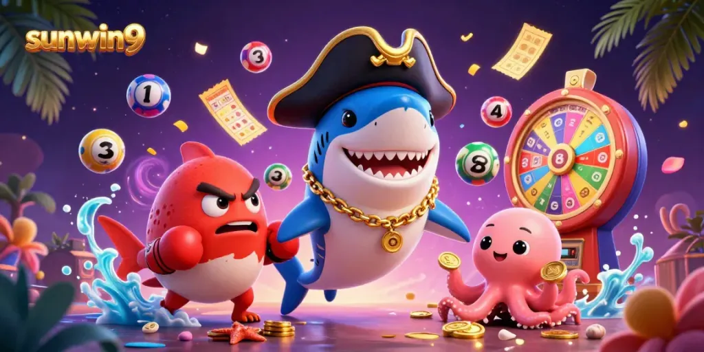 Engage with the exciting world of sunwin9 featuring a colorful scene of a pirate shark, pufferfish, and octopus with vibrant gambling elements.