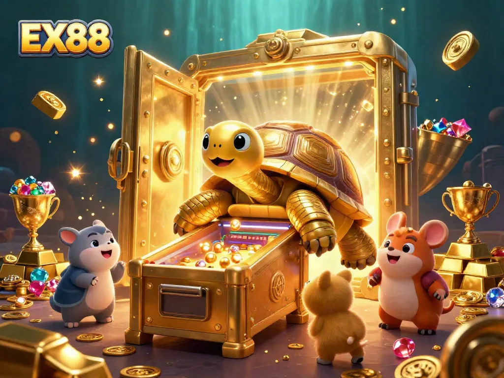 Experience the excitement of EX88 with a whimsical casino-themed illustration featuring a golden tortoise pinball machine.