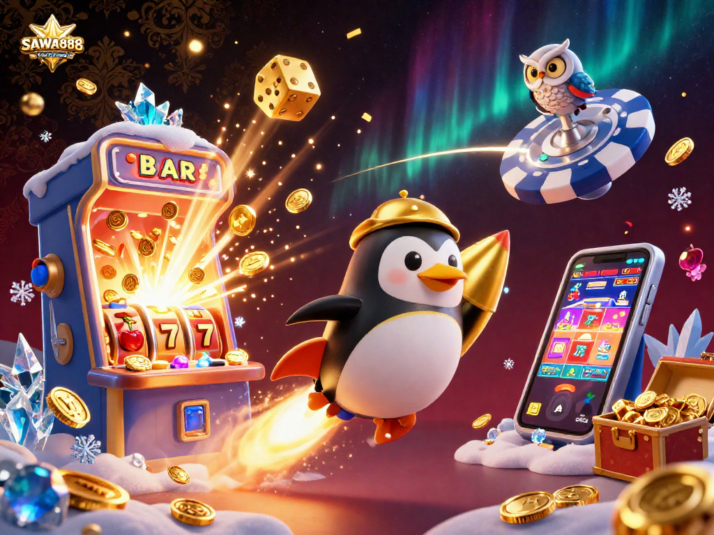 Engage with SAWA888, where a golden penguin blasts off to a thrilling casino adventure!