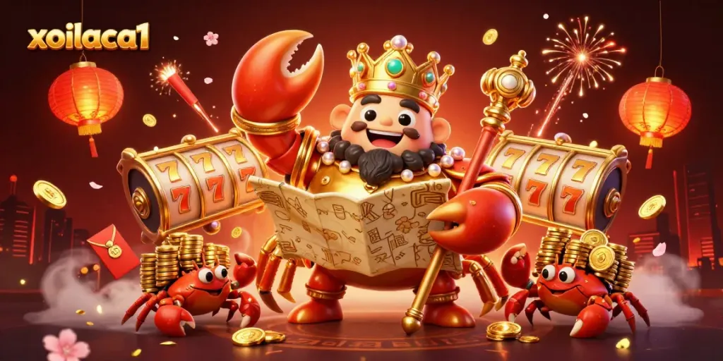 Experience the thrilling world of xoilaca1 with a golden crab emperor in a vibrant casino setting.
