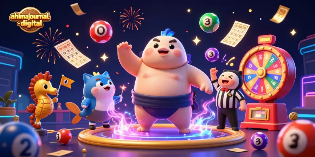 Experience exciting games with ahimajournal-digital, featuring a dynamic lottery scene with vibrant characters.
