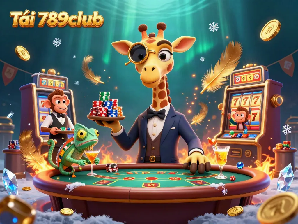 Win big and Tải 789club at a vibrant casino scene featuring a giraffe, monkey, and chameleon.