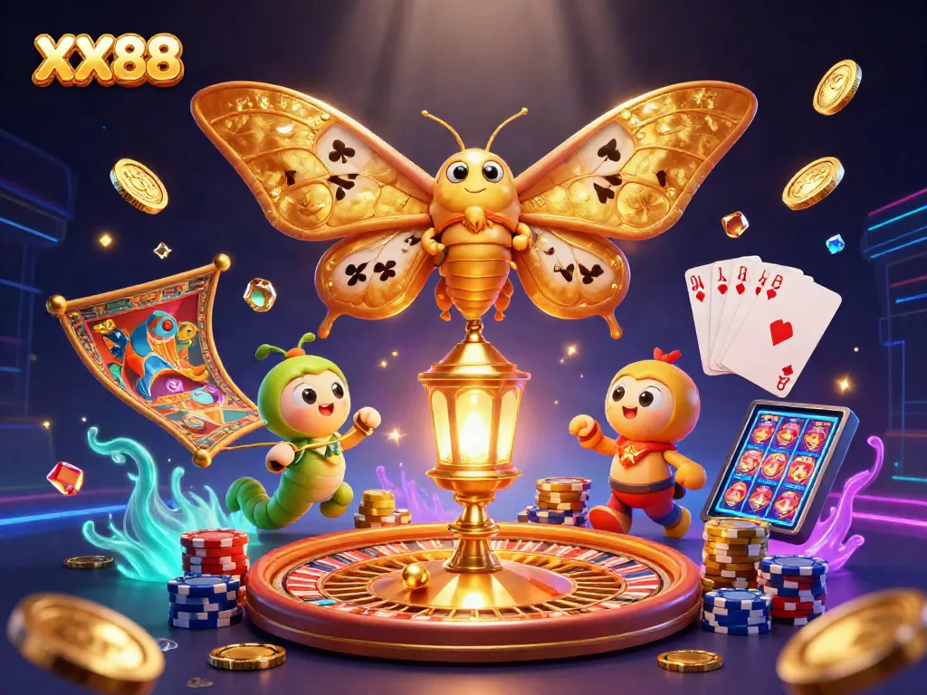 Spin with excitement at XX88, where the vibrant moth illuminates casino treasures!