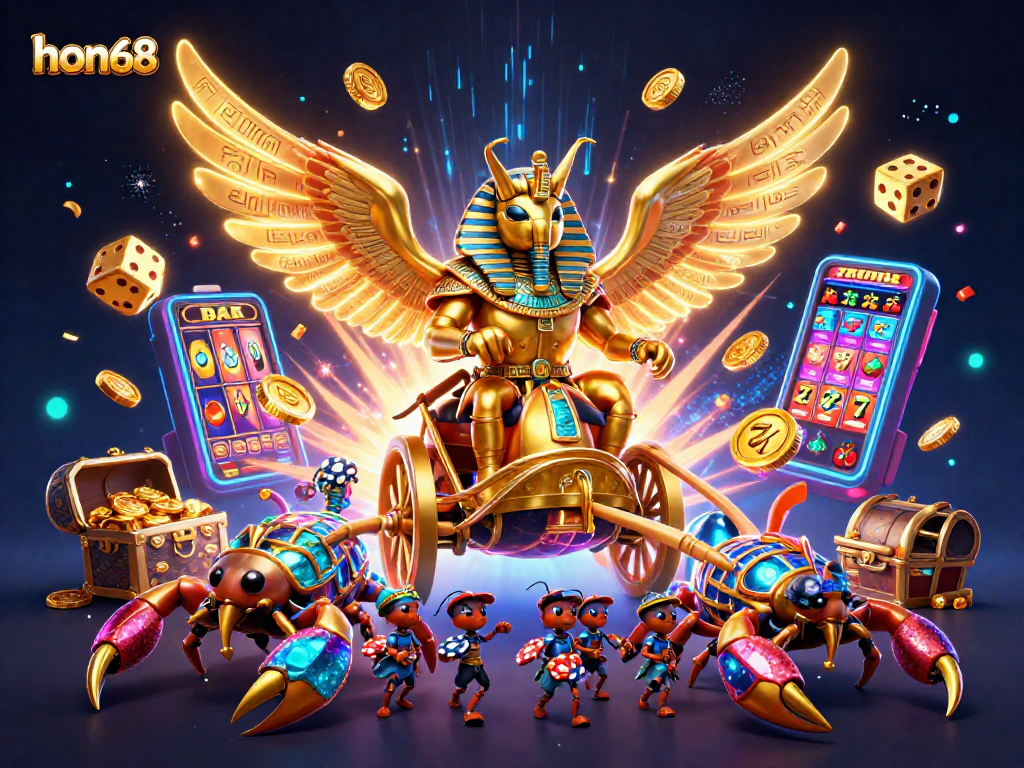 Experience hon68 gaming with a vibrant casino illustration featuring golden elements and joyful gameplay.