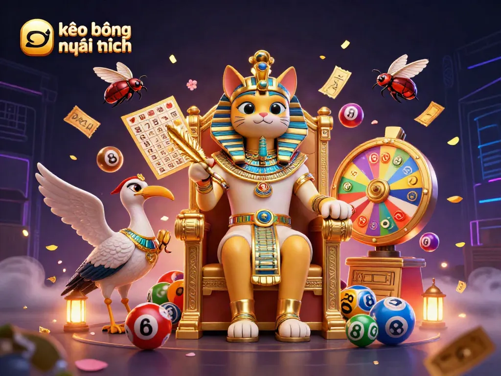 Engaging illustration of "soi kèo bóng đá mới nhất" showcasing a pharaoh cat and gaming elements, vibrant and dynamic.