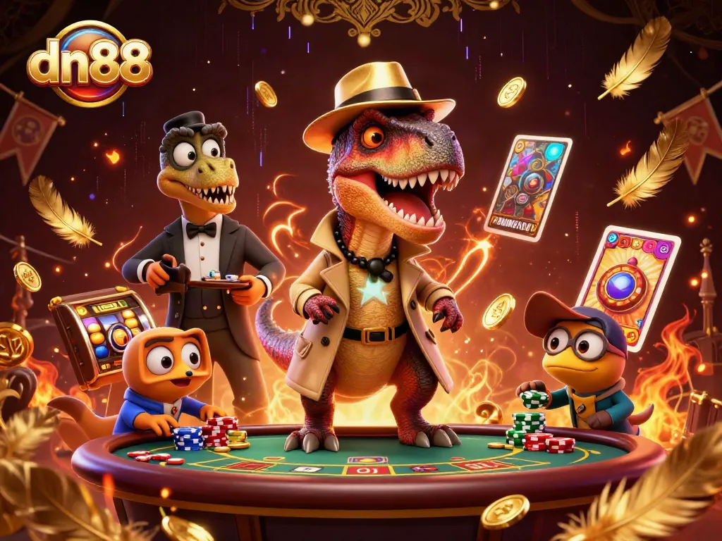 Experience thrilling action at dn88 with cartoon velociraptor card counter in a vibrant casino environment.