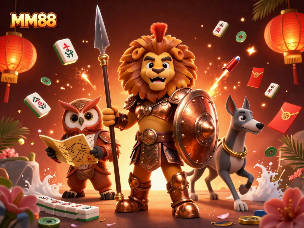 Experience exciting gameplay at MM88 with a Spartan lion, owl strategist, and greyhound messenger in a dazzling casino scene.