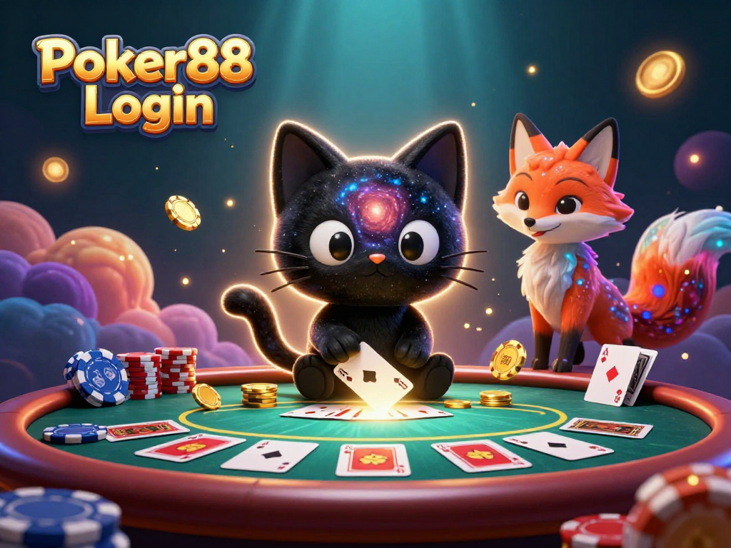 Engage with Poker88 Login and win at a vibrant cosmic casino with animated characters and poker elements.