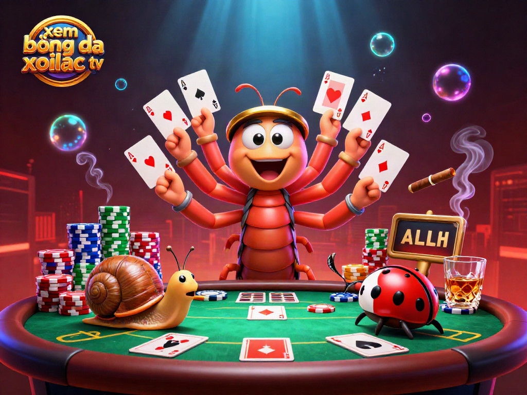 Xem bóng đá xoilac tv: Exciting gambling scene with a vibrant cartoon casino dealer and high-stakes action.