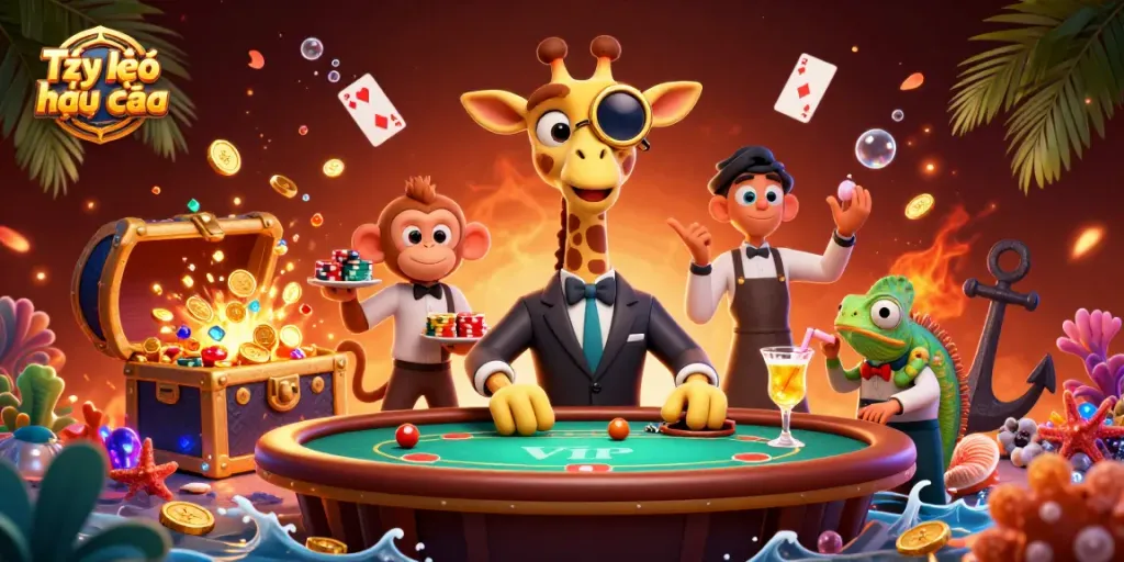 Play Tỷ lệ kèo nhà cái with high-stakes action featuring a giraffe in a suit at a poker table.