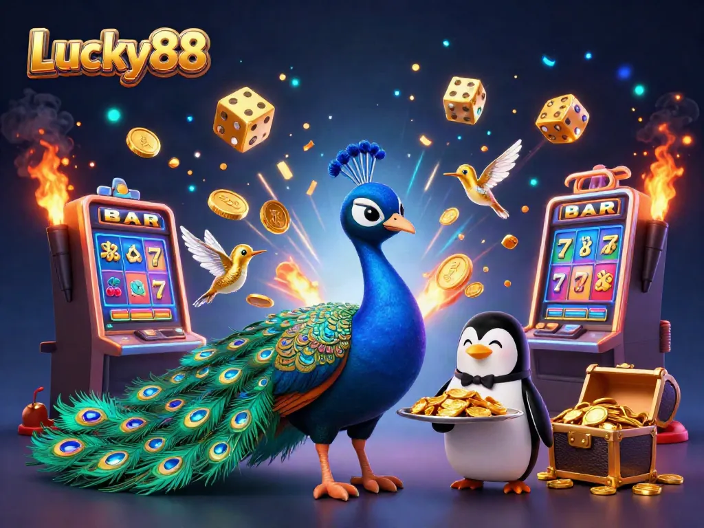 Experience Lucky88's vibrant casino world with a colorful 3D scene of characters and game elements.