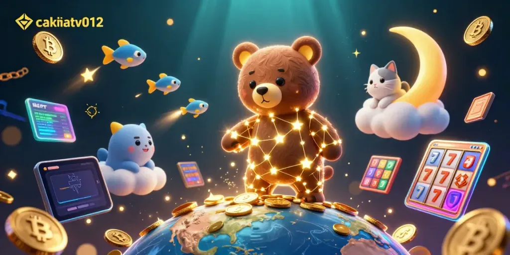 Engage with cakhiatv012 as golden star bear delights in a vibrant gaming scene with slots and cryptocurrency.