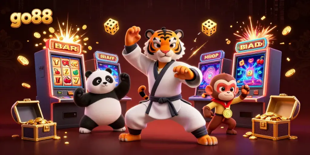 Join the action at go88, where a tiger master teaches, while symbols of luck and fortune fly around.