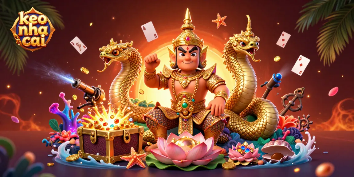 Experience the thrill of keo nha cai with a vibrant 3D illustration of a guardian and casino treasures.