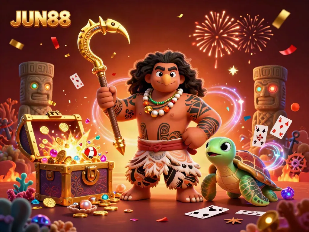Engage with JUN88 at a vibrant casino scene featuring enchanting characters intertwined with slot games and rich treasures.