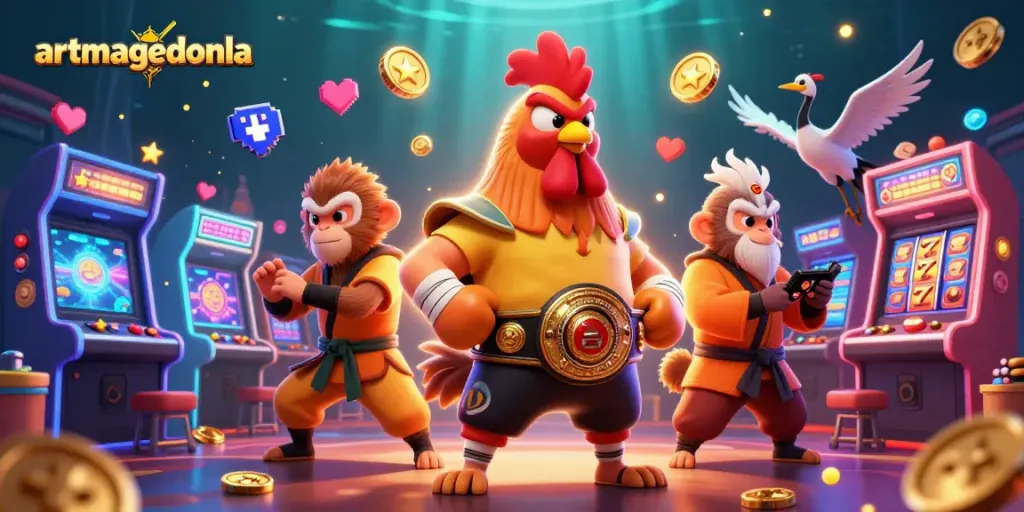 Engage with artmageddonla in a vibrant casino scene featuring dynamic characters and colorful arcade elements.