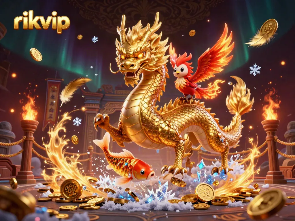 Experience thrilling gameplay at rikvip with vibrant 3D illustration of a golden dragon and phoenix in a lively casino setting.