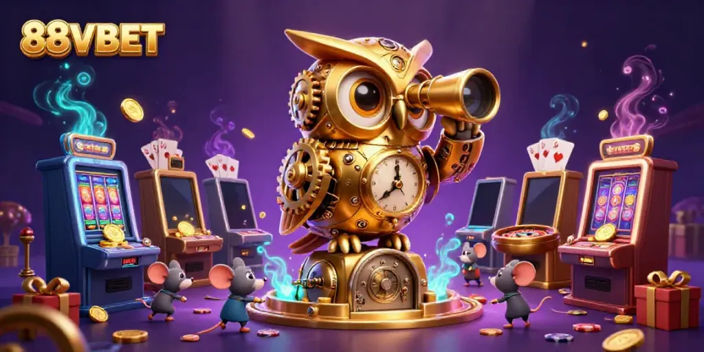 Engage in vibrant gameplay at 88VBET with a lively casino scene featuring unique characters and gaming elements.