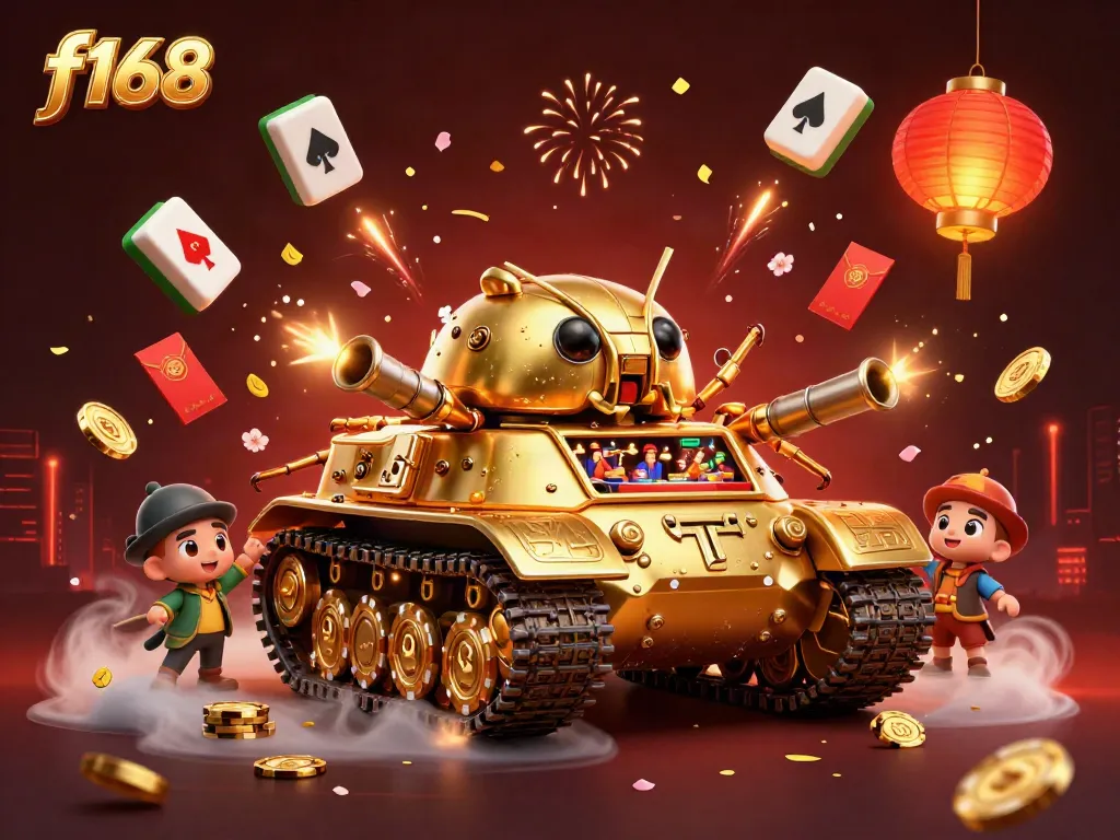 Experience exciting gaming with f168's vibrant 3D casino tank illustration featuring lively characters and festive elements.