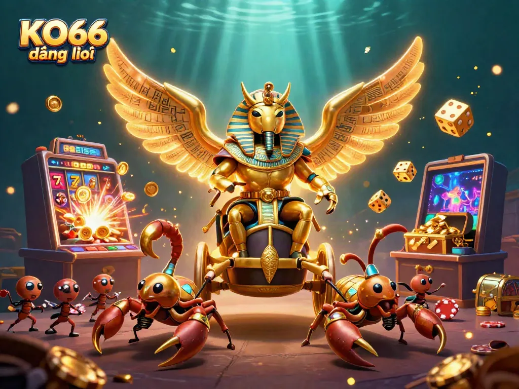 Engage in an exciting scene with KO66 đăng nhập, featuring a mystical golden scarab and thrilling casino elements.