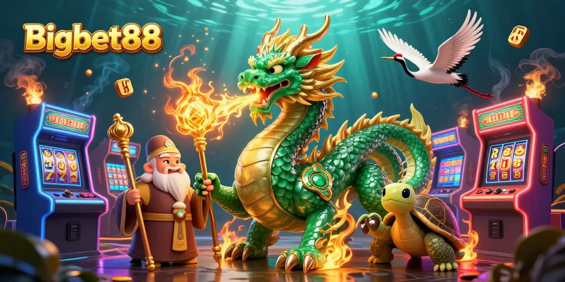 Experience the vibrant energy of Bigbet88 with a jade dragon and lucky cranes in a 3D casino scene.