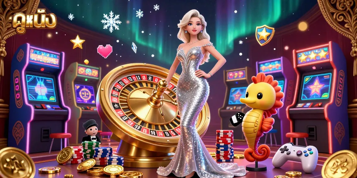 Engaging scene of ดูหนัง with a woman in a sparkly gown at a roulette wheel, captivating players in a casino atmosphere.