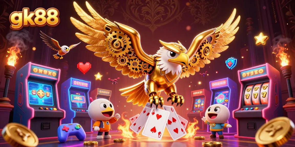 gk88 showcases a vibrant casino scene with a golden eagle and immersive playing cards.