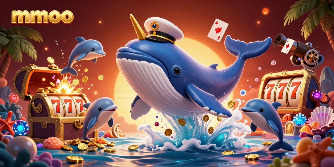 Engage with mmoo's dynamic casino scene featuring a cartoon whale, narwhal, and playful dolphins amidst a jackpot of coins.