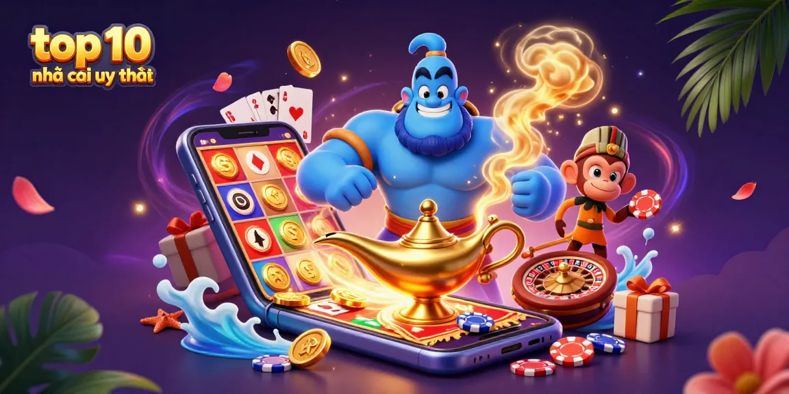 Experience the excitement of top 10 nhà cái uy tín as a blue genie emerges alongside casino games in a magical scene.
