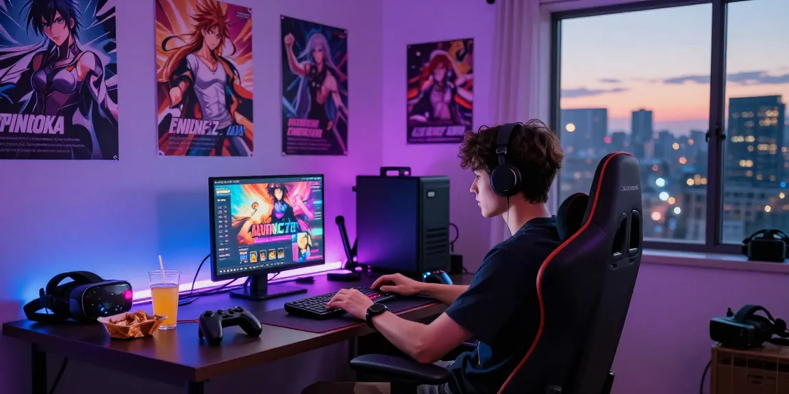 Engaging scene of a gamer playing online ecchi games in a stylish room.