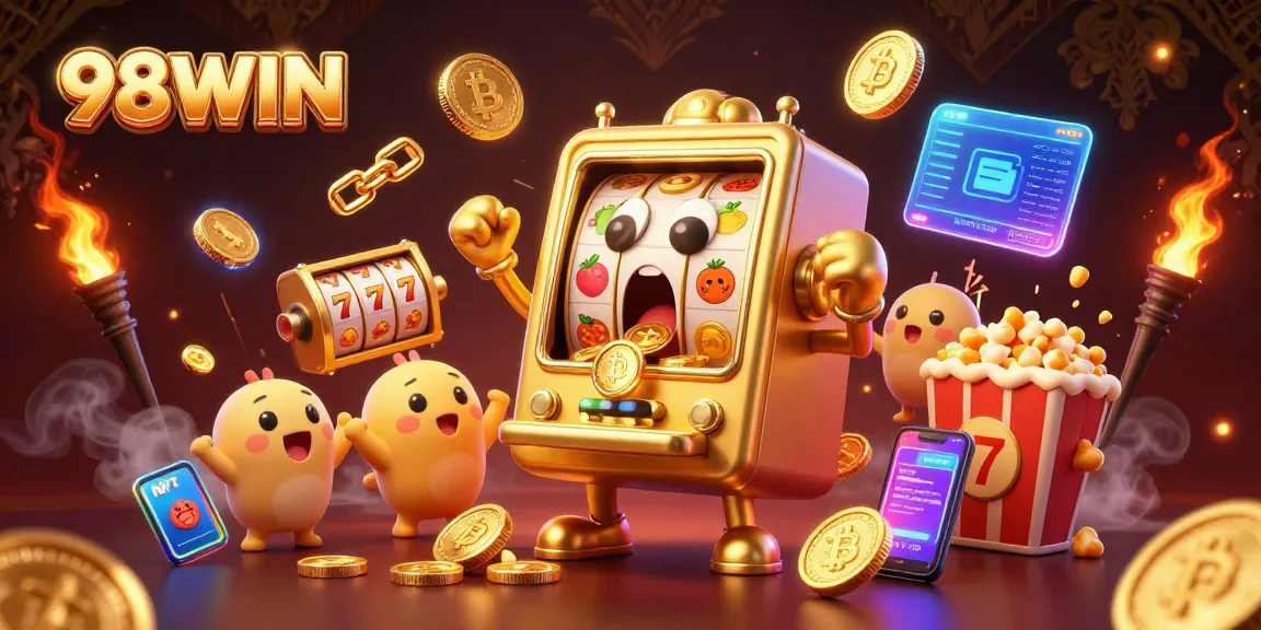 Spin to win with 98WIN's exciting jackpot scene featuring lively slot machines and crypto elements.