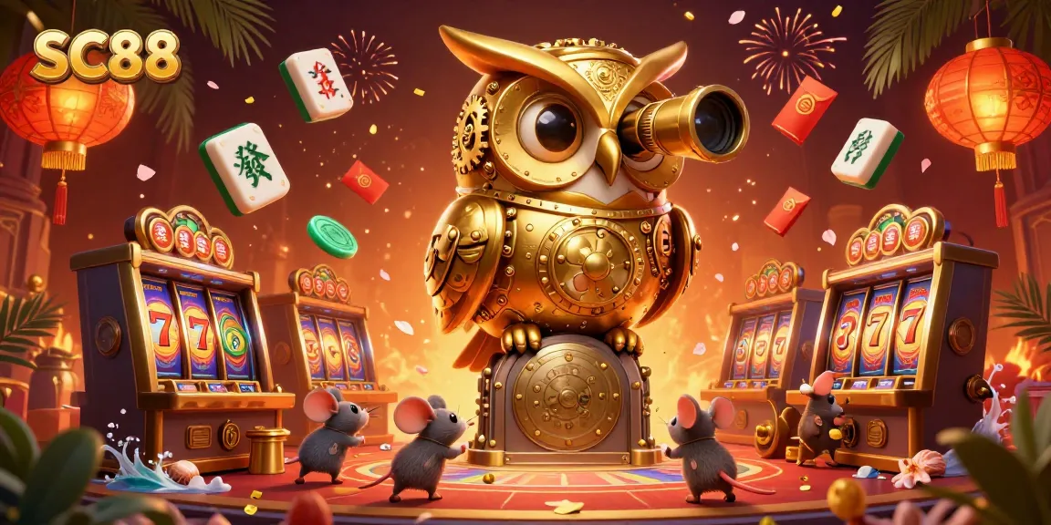 Experience SC88 with a golden owl overseeing bustling casino action and vibrant slot elements.